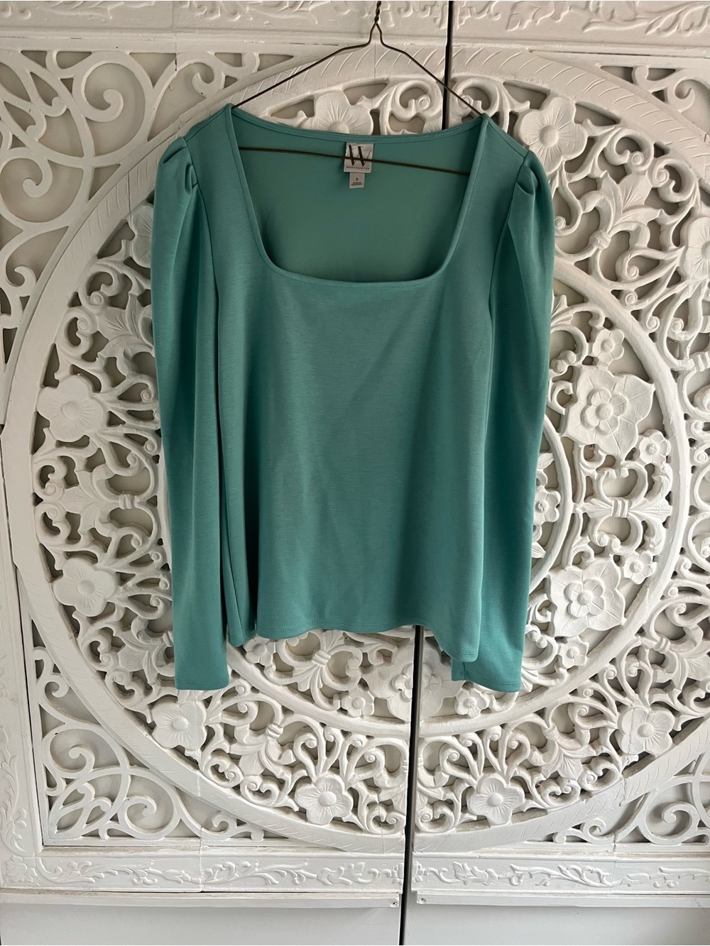 Worthington Teal Square Neck Top Puff Sleeve Stretch Blouse Size Small